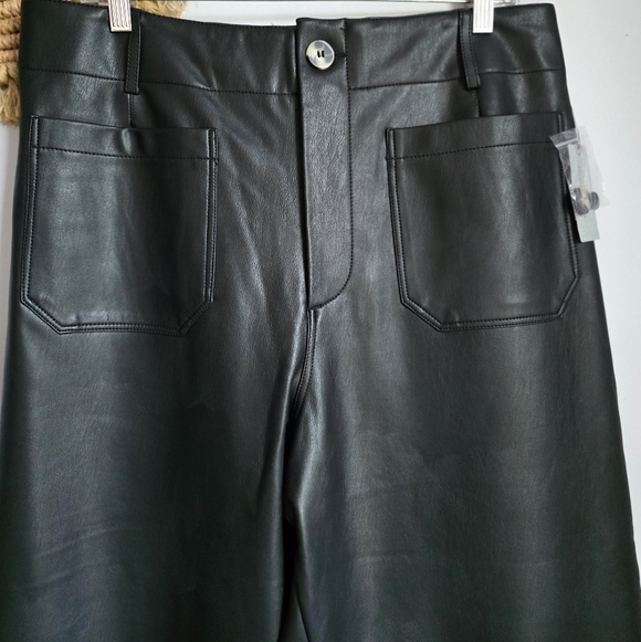 Anthropologie New Maeve Colette Black Wide Leg Faux Leather Pants SZ 33 PETITE - Picture 3 of 9